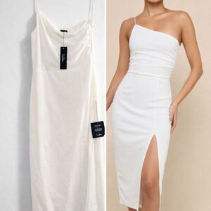 Lulus White One Shoulder Midi Dress L NWT Bridal Shower Wedding Guest Slit